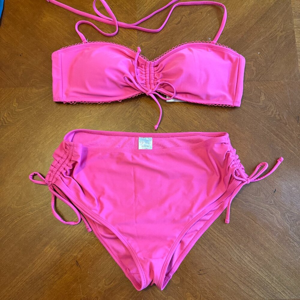 Junior Size XL (15-17) Radiant Fushia 2 Pc Swim Suit Ruched Highwaist Bottom NWT